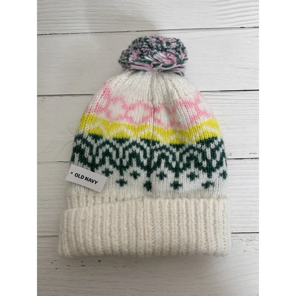 Old Navy White Knit Winter Hat Pom Pom Pink Green Yellow One Size NWT